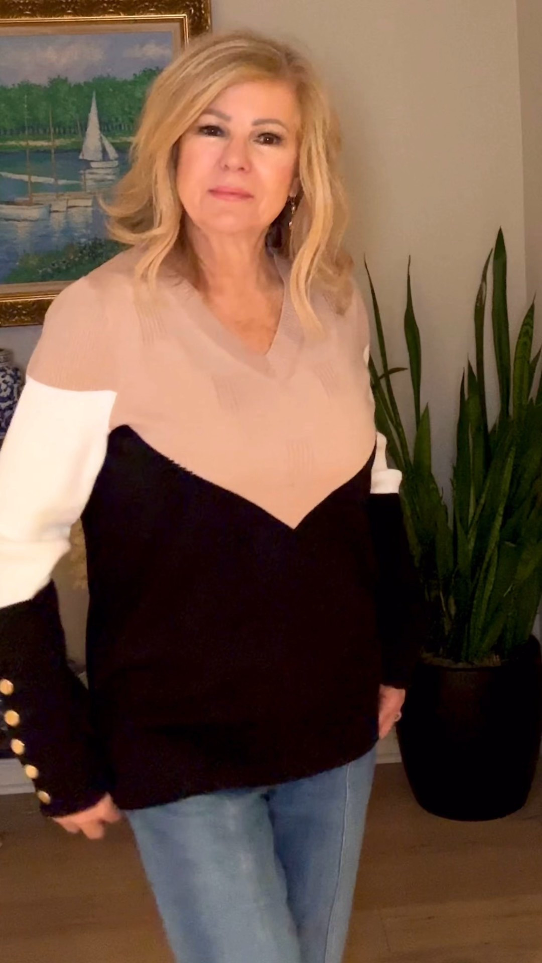 This classic sweater is for all
ages. The vneck hits just right. It
comes is many colors and patterns- mine is C-khaki Black. Mine is a medium but there is plenty of stretch. Size down if you are in between. For reference I
am 5'2" and 120 lbs. I don't like tops that are too tight across the chest but this one has a lightweight stretch so a small would have worked better plus the sleeves are a little long in size medium. These are great sweaters to look polishes yet comfortable at a good price. #Gifted


#LTKootd #LTKOver40 #LTKPetite