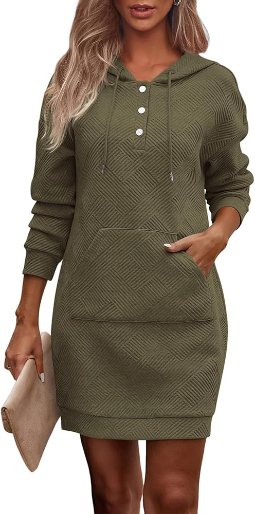 PRETTYGARDEN Long Sleeve Hoodies Dress 2024 Fall Trendy Texture Sweatshirts Outfits Button Hooded... | Amazon (US)