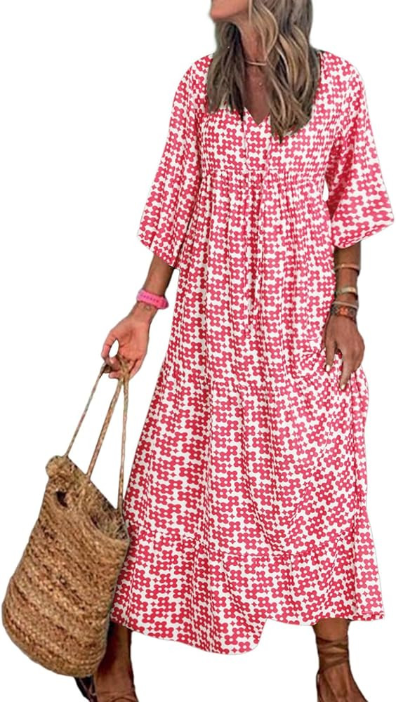 Dokotoo Women Boho Maxi Dresses 2024 V Neck Long Puff Sleeve Smocked Ruffle Flowy Casual Dress | Amazon (US)