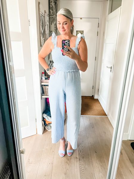 Outfits of the week 

Monday in the office and the temperatures are through the roof. 

Wearing a blue striped shirred jumpsuit (old, 40) with a little light blue heel. 

#LTKcurves #LTKeurope #LTKworkwear