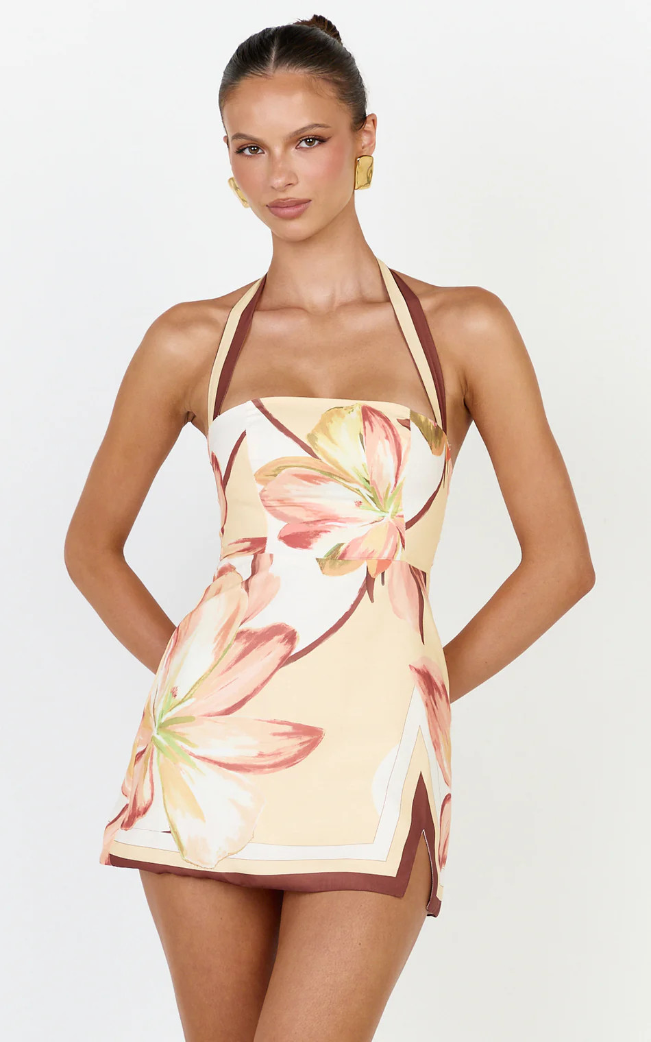 Square Neck Halter Neck Faux Wrap Dress in Yellow Retro Flower Border Print | Showpo (US, UK & Europe)