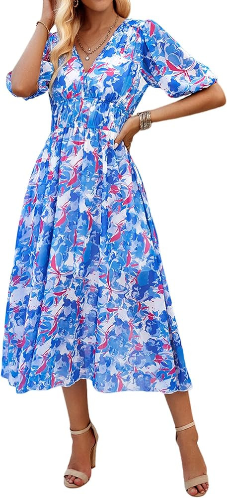 Womens Floral Flowy Wrap V Neck Midi Dress Short Sleeve Elastic Waist Casual Spring Summer Dresse... | Amazon (US)