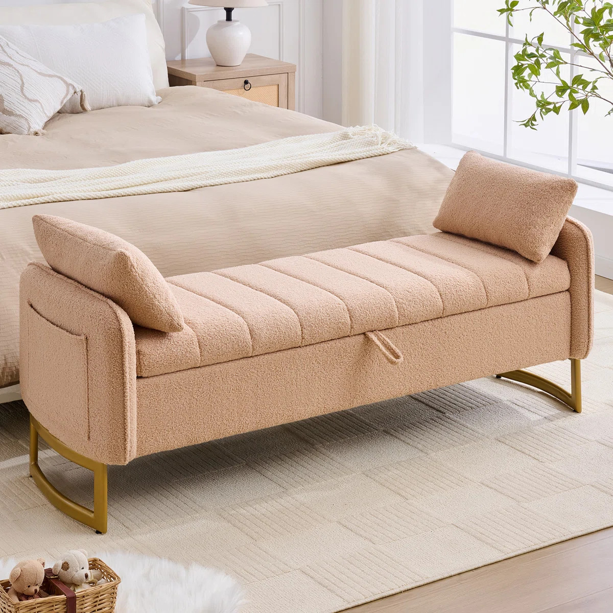 66"W Modern Tufted End of Bed King Size Storage Bench for Bedroom with Gold Legs and Two Pillows,... | Wayfair North America