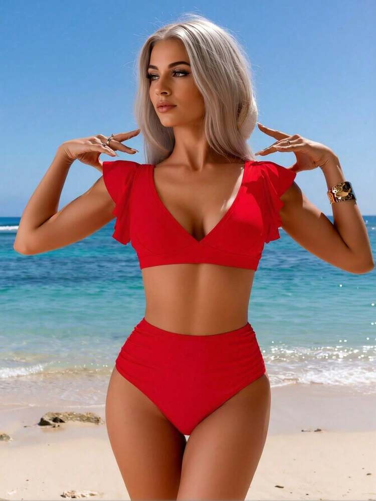 2026 New Retro Ruffled Bikini Set Women's Red Flutter Sleeve V-Neck Top + High-Waisted Ruched Bot... | SHEIN