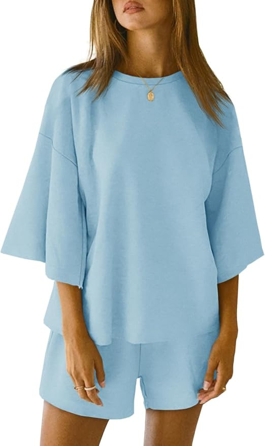 Tankaneo Womens Pajama Sets 3/4 Sleeve Oversized Tops and Elastic Waist Shorts Lounge Sets Lounge... | Amazon (US)