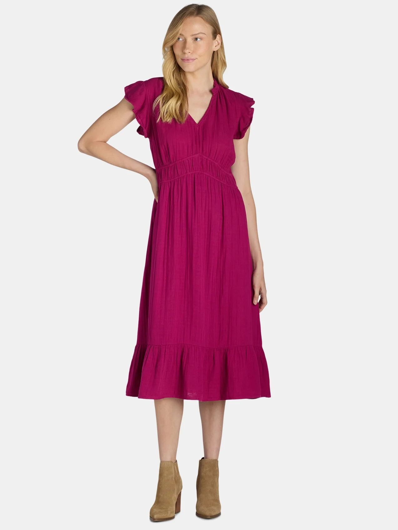 Time and Tru Women's and Women's Plus Double Cloth Midi Dress, Sizes XS-4X | Walmart (US)