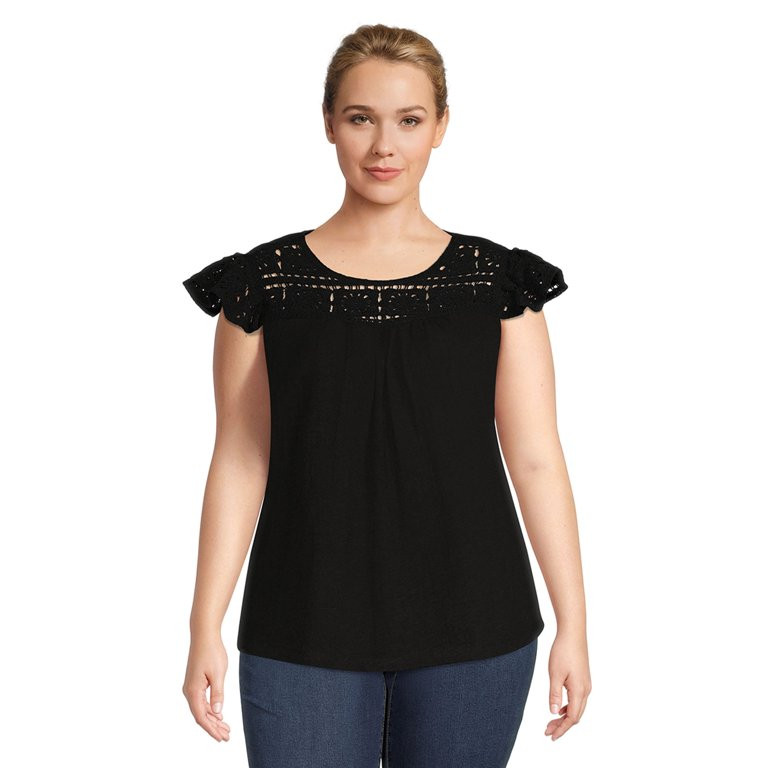 Terra & Sky Women's Plus Size Crochet Mix Top with Flutter Sleeves | Walmart (US)