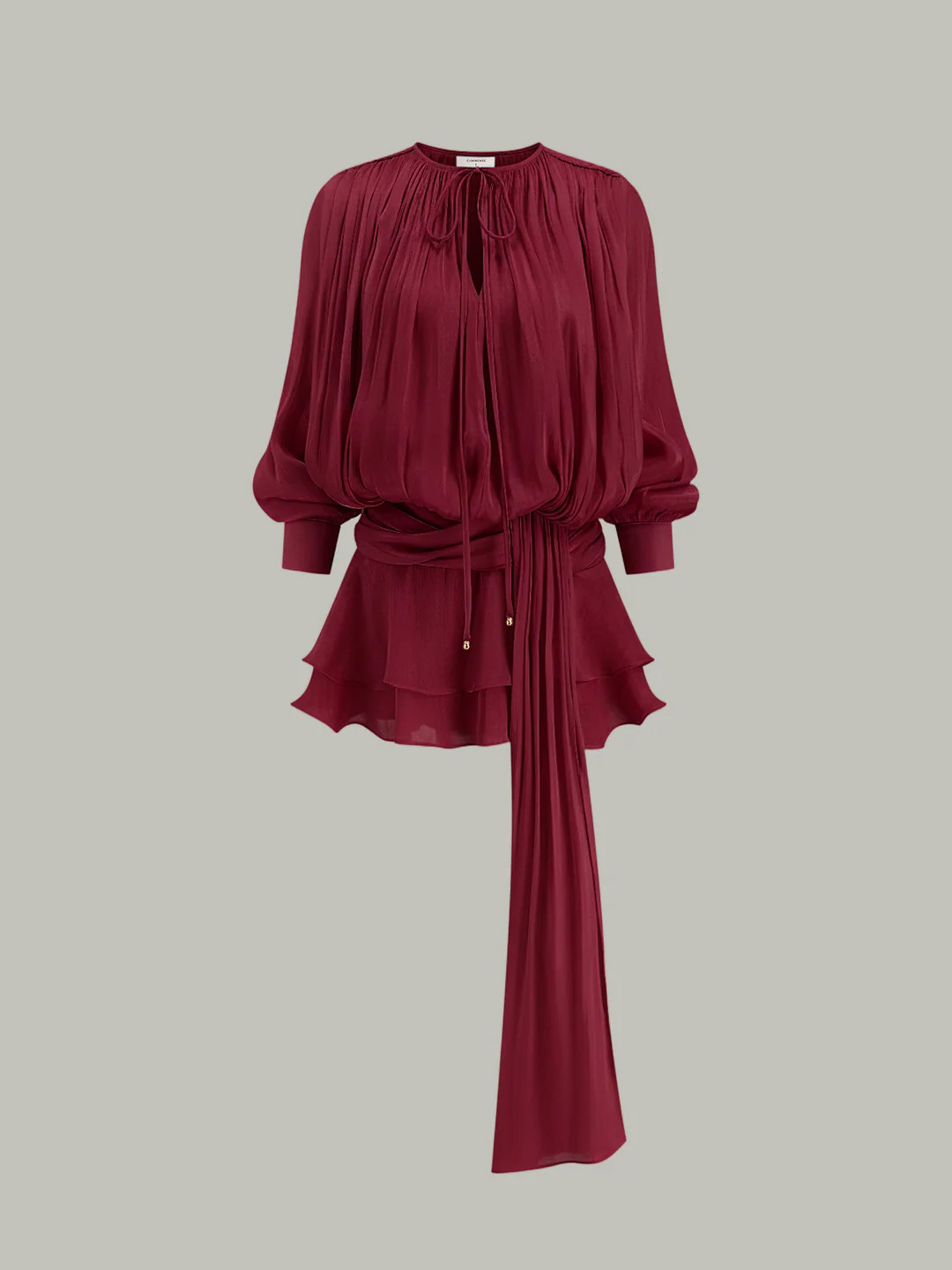 Semi-Sheer Tiered Draped Tie-Waist Mini Dress | Commense