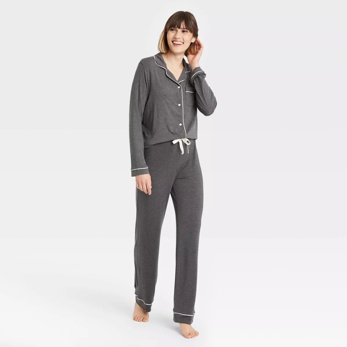 Women's Beautifully Soft Long Sleeve Notch Collar Top and Pants Pajama Set - Stars Above™ Heath... | Target