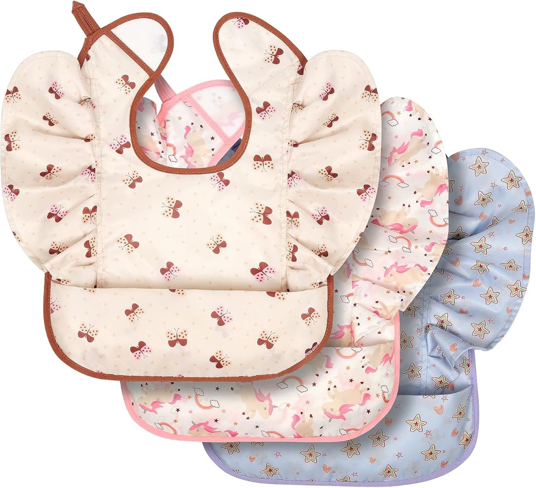 Lictin Baby Bibs for Girls Waterproof - 3 Pack Mess Proof Bib, Oil-proof Toddler Feeding Bib with... | Amazon (US)