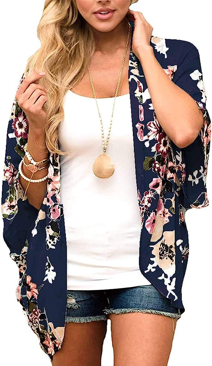 Women's Sheer Chiffon Floral Print Kimono Casual Loose Open Front Cardigan Blouse Tops Cover Up | Amazon (US)