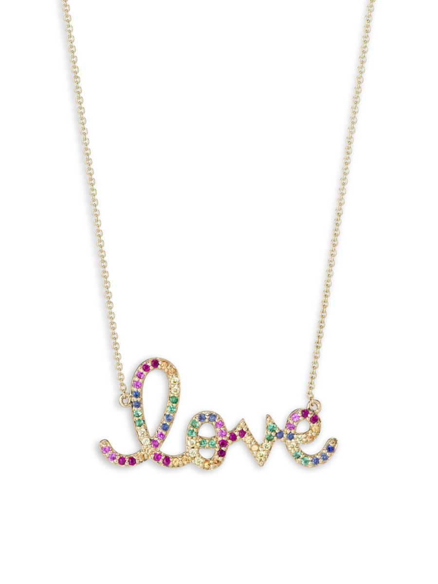 Sydney Evan 14K Yellow Gold &amp; Multi-Stone Rainbow 'Love' Pendant Necklace | Saks Fifth Avenue