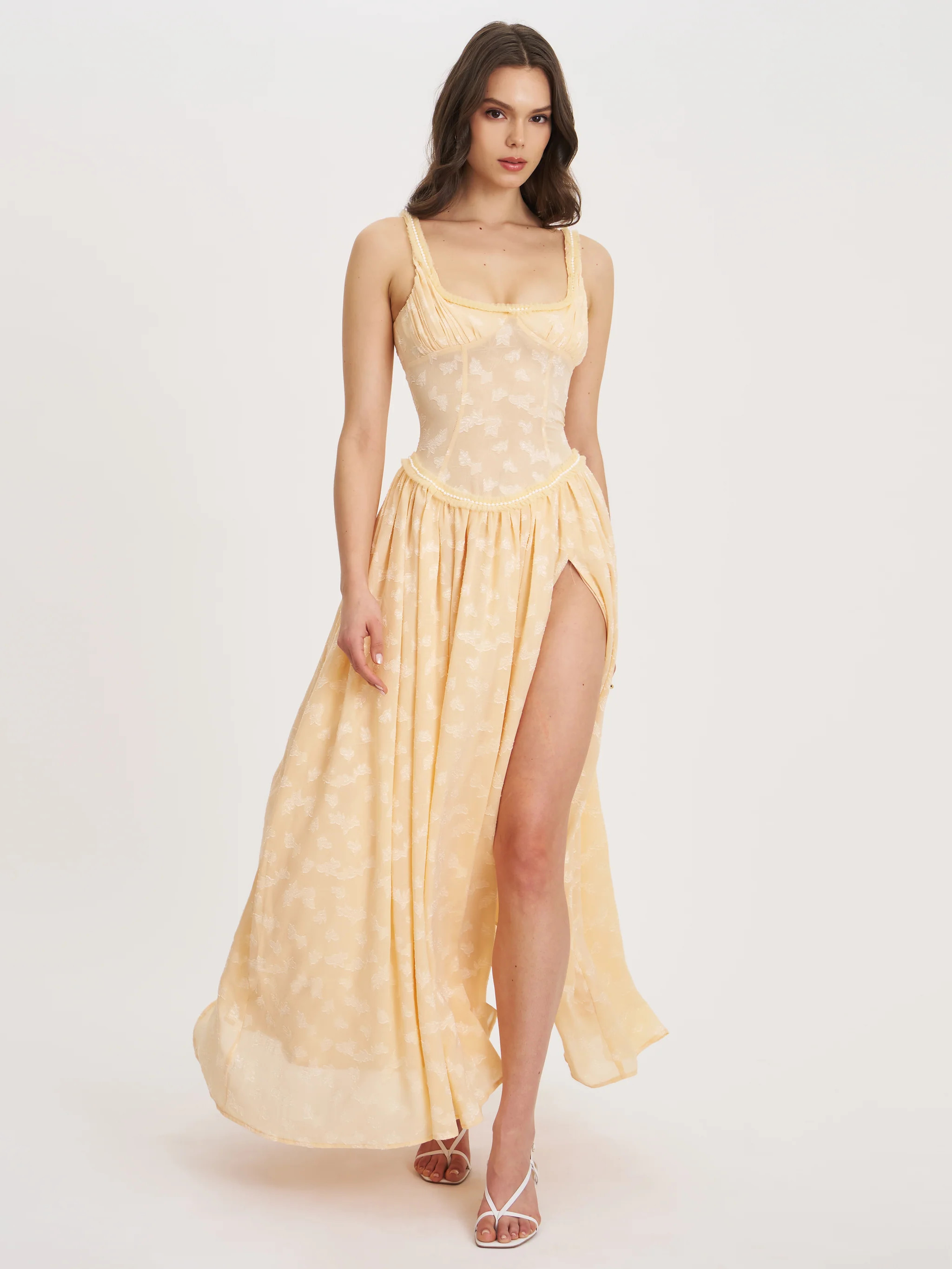 Ulissa Orange Square Neck Jacquard Textured High Slit Maxi Dress | Miss Circle