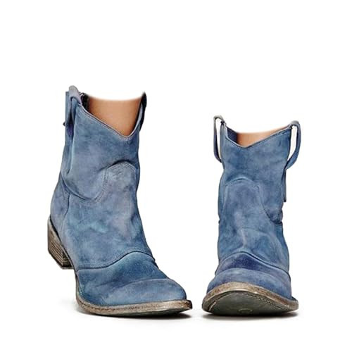 Women’s Suede Cowboy Ankle Boots – Low Chunky Heel Round Toe Slip-On Western Short Booties, Retro Comfortable Fall Winter Fashion Shoes (Light Blue,8.5) | Amazon (US)
