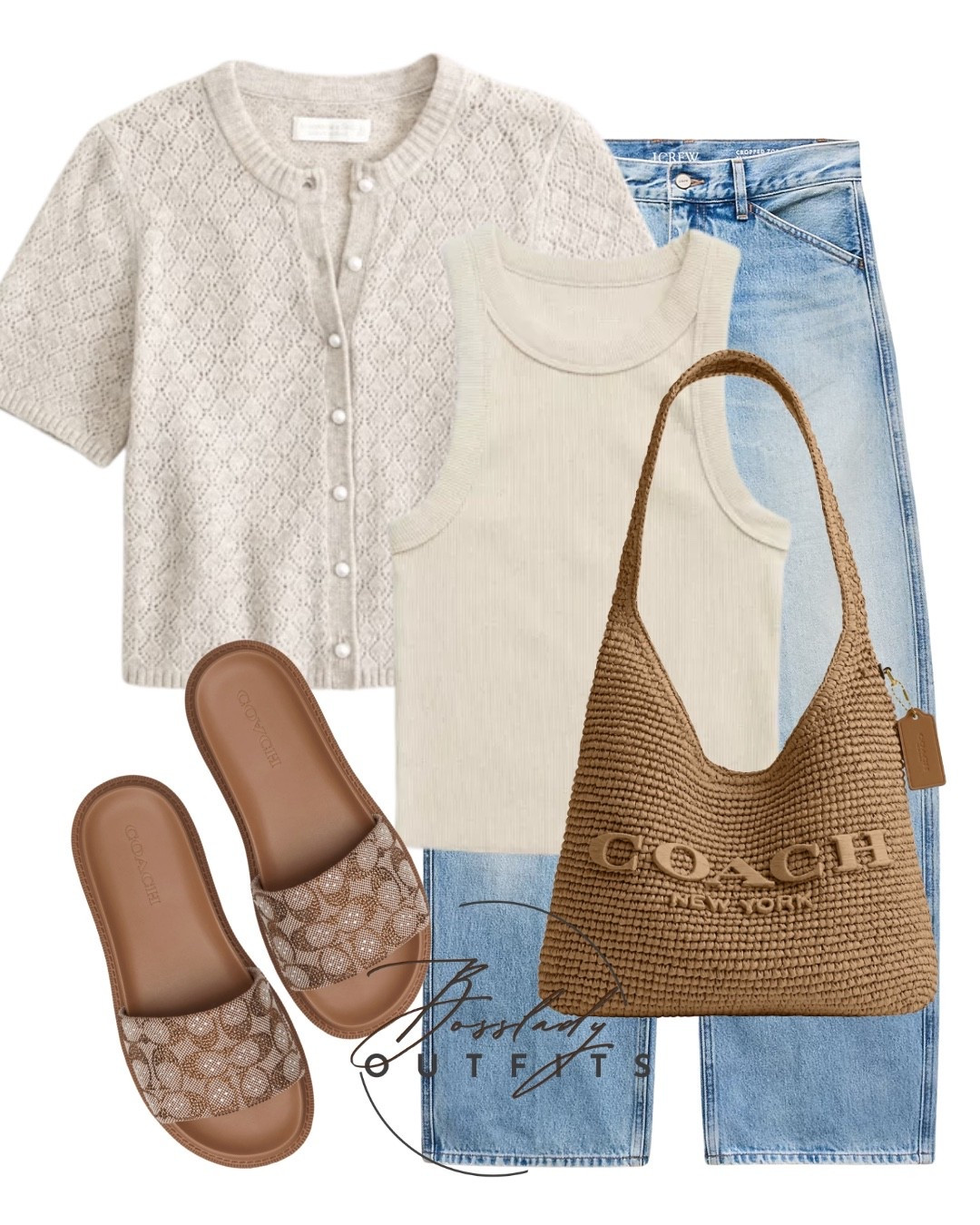 Effortless neutral spring style! 🤎 Build the perfect casual transitional outfit with these elevated basics. A cream pointelle knit short-sleeve cardigan layered over a classic ribbed tank looks so chic paired with everyday light-wash denim. Complete the look with gorgeous textured accessories like these brown Coach monogram slide sandals and a woven Coach shoulder bag. Perfect for weekend brunch, vacation, or just running errands in style.

#LTKbag #LTKshoes #LTKstyletip