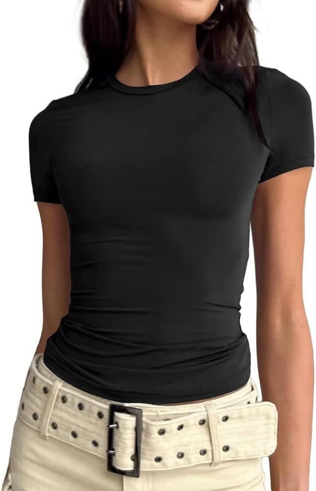 LEEDYA Womens Crew Neck Short Sleeve Shirt Basic Solid Workout Crop Tops Going Out Y2k Tops | Amazon (US)