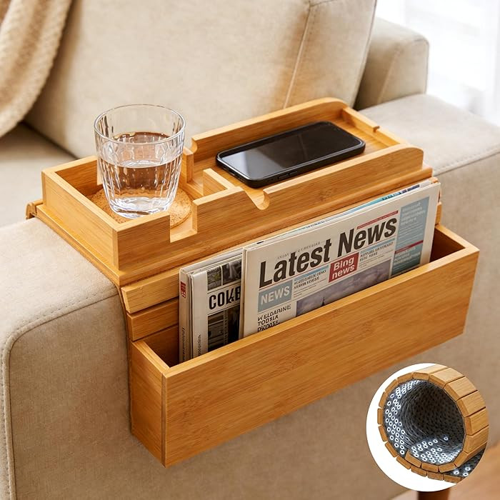 Bamboo Sofa Arm Tray for Couches Without End Tables, Folding Armrest Tray with Non-Slip Base – ... | Amazon (US)