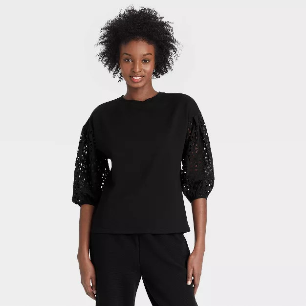 Women's Long Sleeve Round Neck Eyelet Top - A New Day™ | Target
