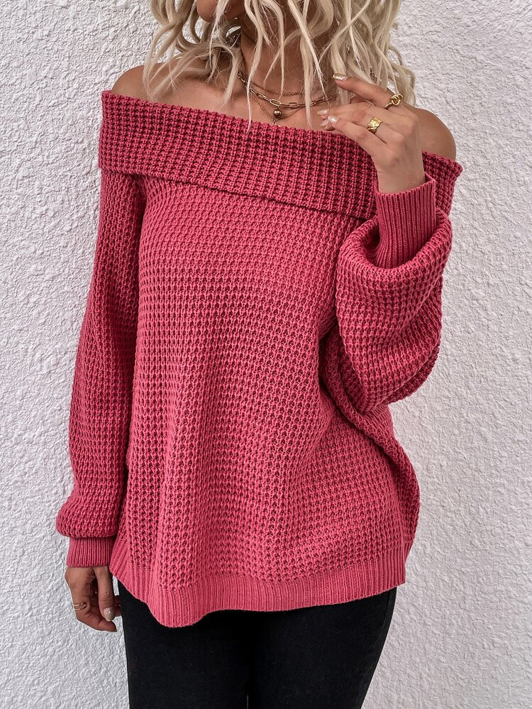 Solid Waffle Knit Off Shoulder Sweater | SHEIN