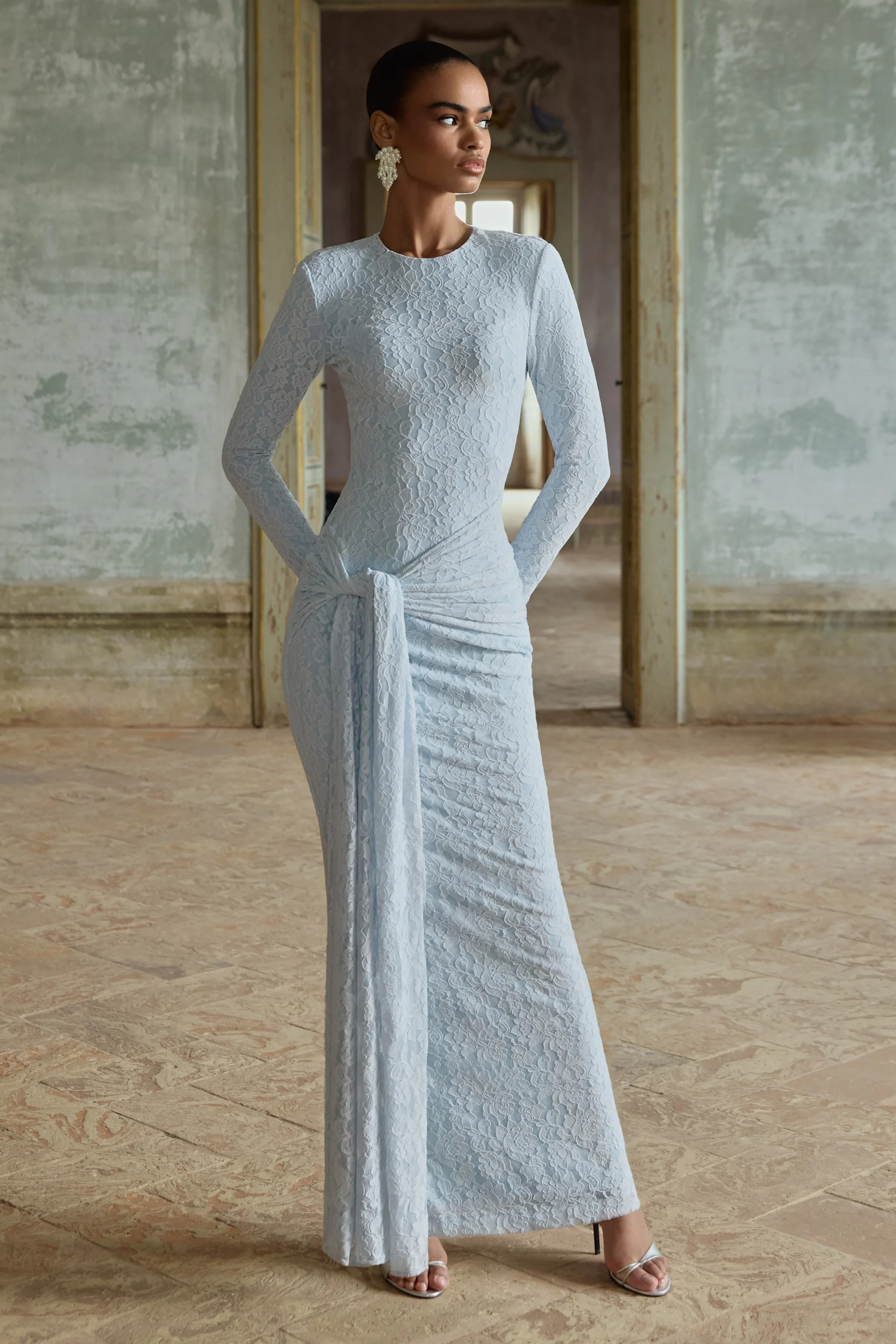 Evangela | Powder Blue Lace Crew-Neck Maxi Dress With Wrap-Detail | Club L London