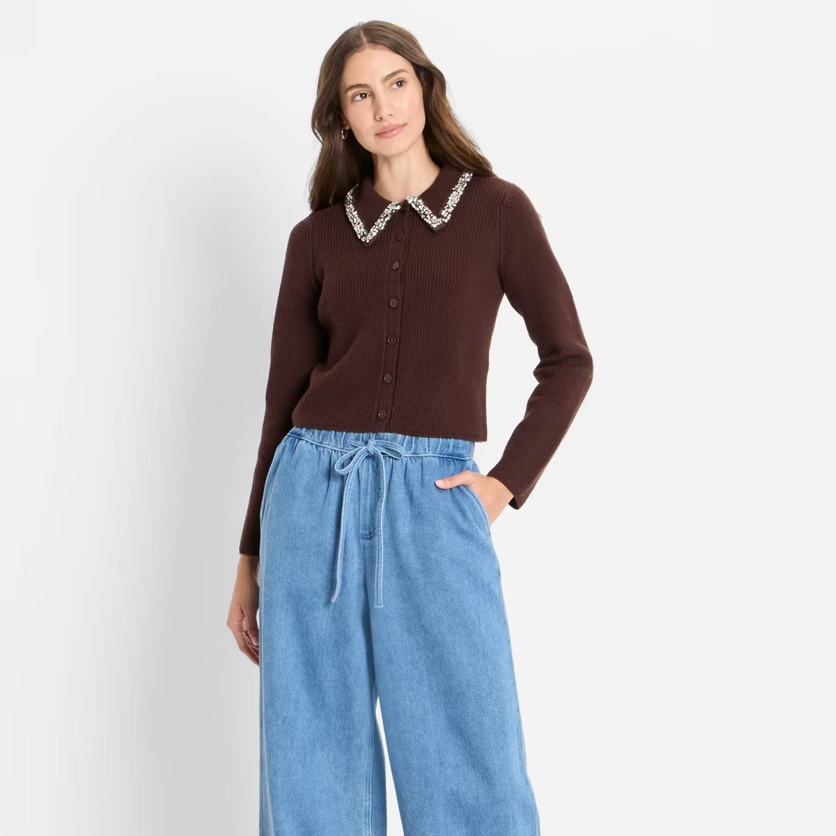 Women's Embellished Collar Cardigan Sweater - Future Collective Dark Brown | Target