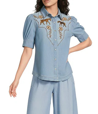 Woven Little Blues Pony Point Collar Puff Short Sleeve Beaded Embroidered Shirt | Dillard's