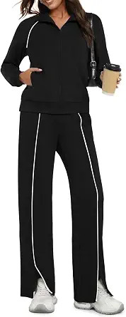 Womens 2 Piece Outfits 2025 Fall Casual Zip Up Sweatsuits Lounge Set Travel Wide Leg Pants Stripe... | Amazon (US)