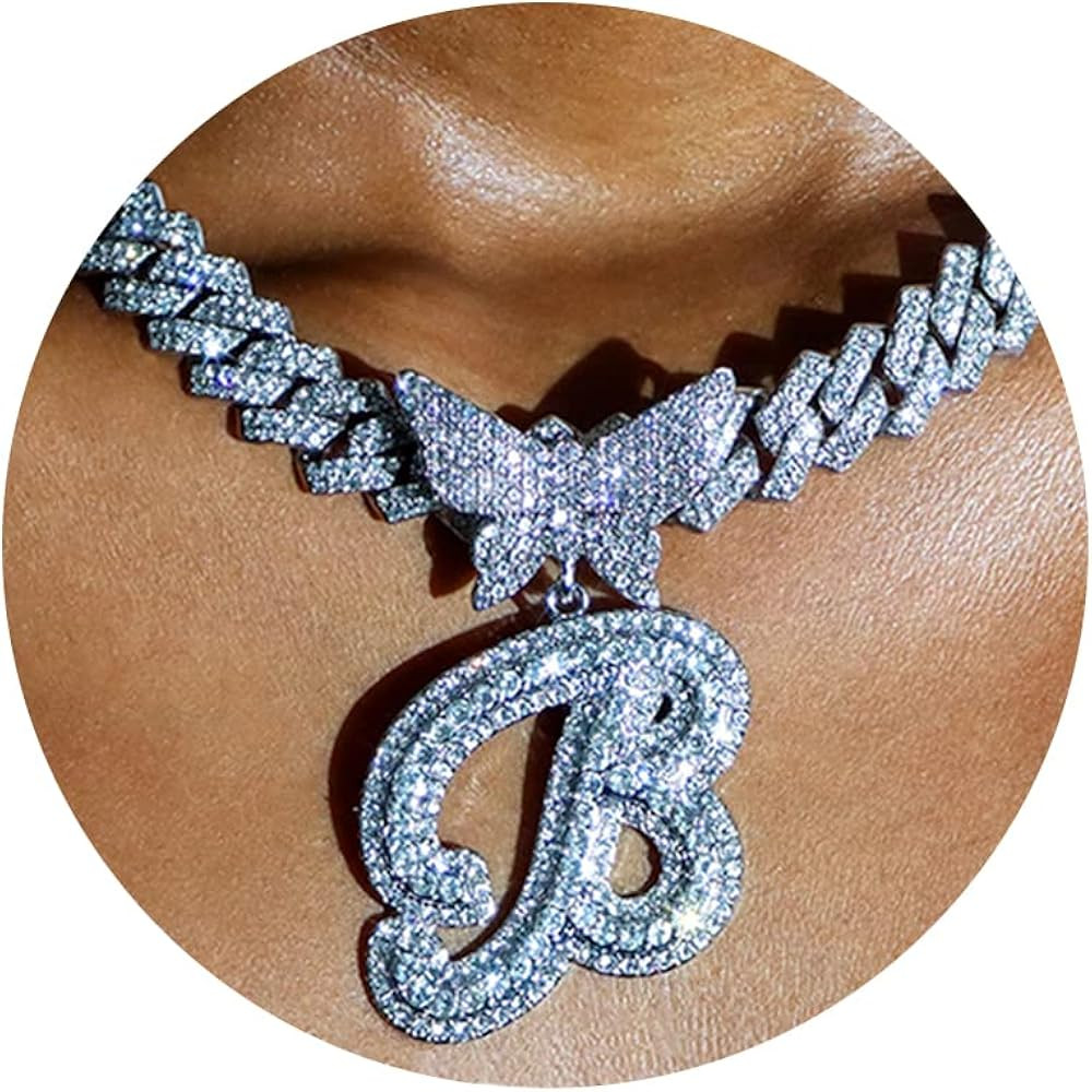 JNCTCOE Cuban Link Chain for Women Cursive Silver Initial 14MM Diamond Prong Cuban Chain Hip Hop ... | Amazon (US)
