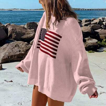 Women's Casual USA Flag Print Dropped Shoulder Loose Sweater, Autumn/Winter | SHEIN