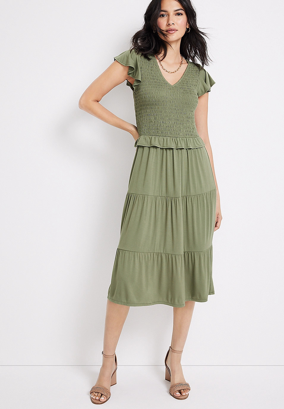 24/7 Solid Smocked Midi Dress | Maurices