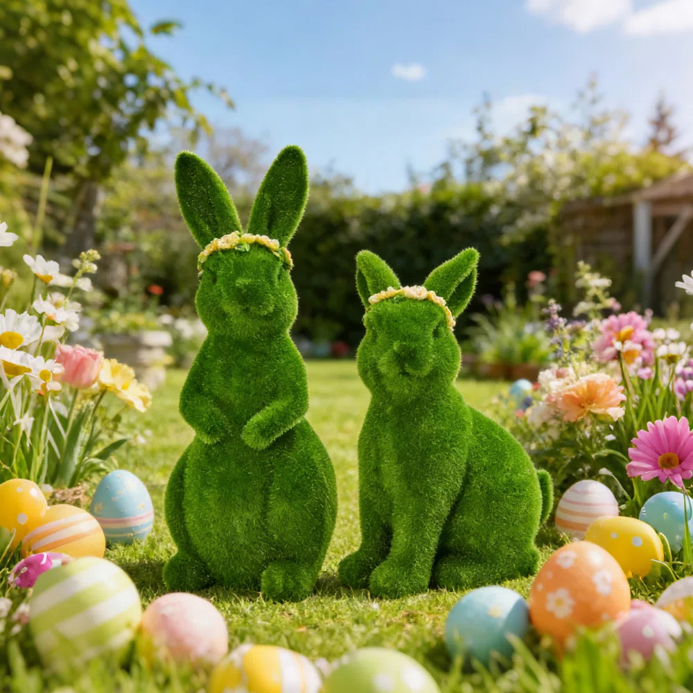2pc Easter Green Flocked Bunny 9.8" 7.3" Spring Garden Decor With Floral Crown, Resin Cuty Rabbit... | Wayfair North America