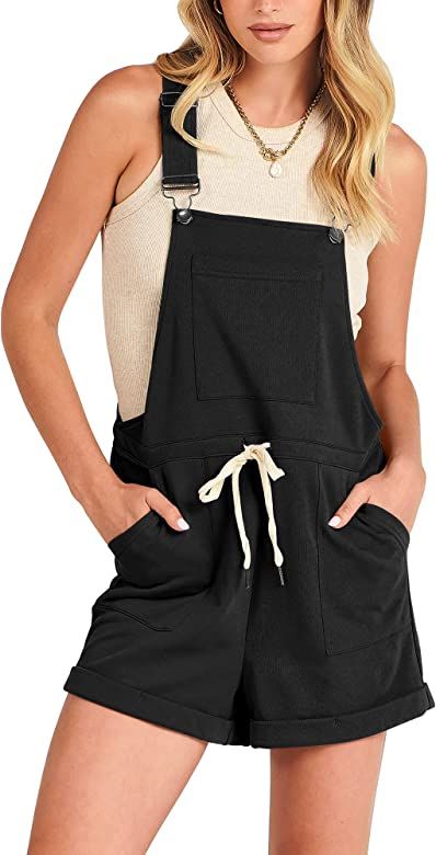 ANRABESS Women's Casual Straps Short Bib Overalls Basic Sleeveless Drawstring Romper Jumpsuits | Amazon (US)