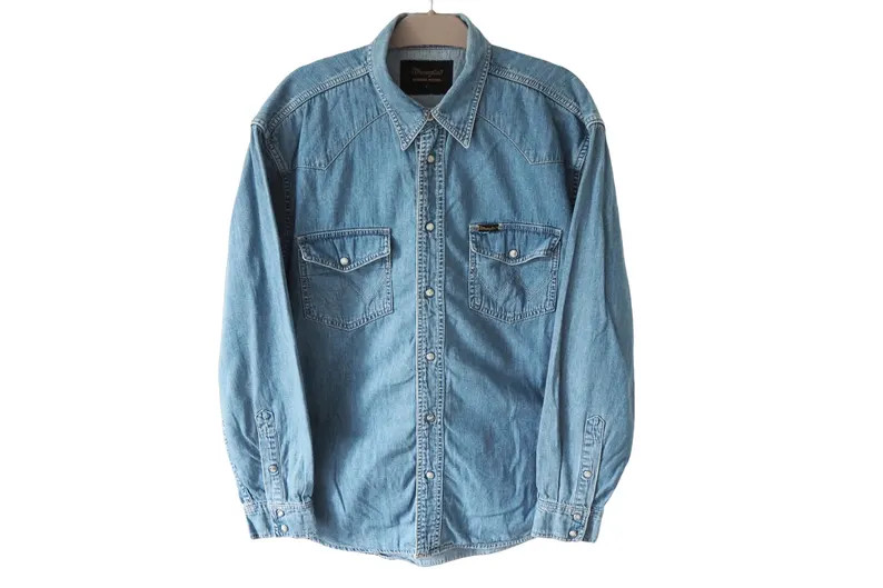 Vintage WRANGLER Denim Shirt Size L Blue Jeans 00s Snap Buttons - Etsy | Etsy (US)