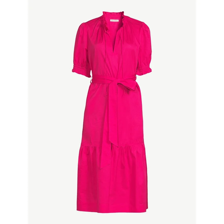 Free Assembly Women's Ruffle Neck Belted Midi Dress with Short Sleeves, Size XS-XXL | Walmart (US)