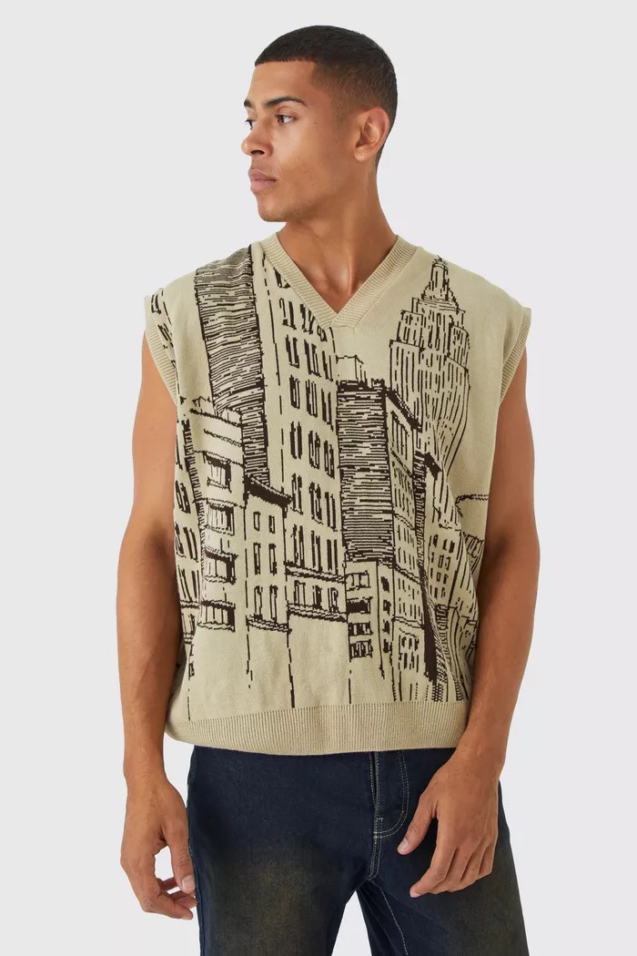 Oversized Line Graphic Knitted Vest | Boohoo.com (UK & IE)