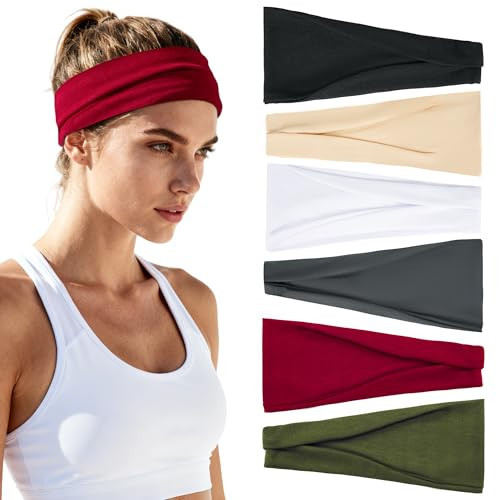 Sweat Bands Headbands for Women's Hair - 6 Pack Workout Wide Headband for Women Non Slip, Stretchy Athletic Head Band, Elastic Soft Fabric Hairbands, Sweatbands for Yoga Running Gym Sports Exercise | Amazon (US)