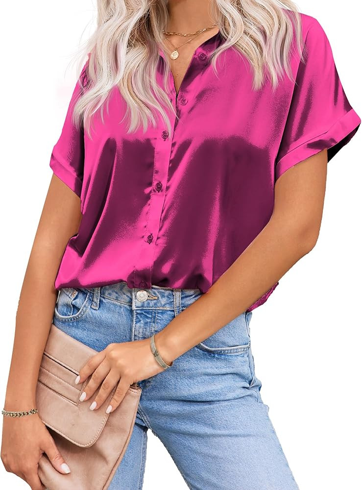 HOTOUCH Silk Button Down Shirts for Women Satin Short Sleeve V Neck Casual Work Office Blouse Tun... | Amazon (US)