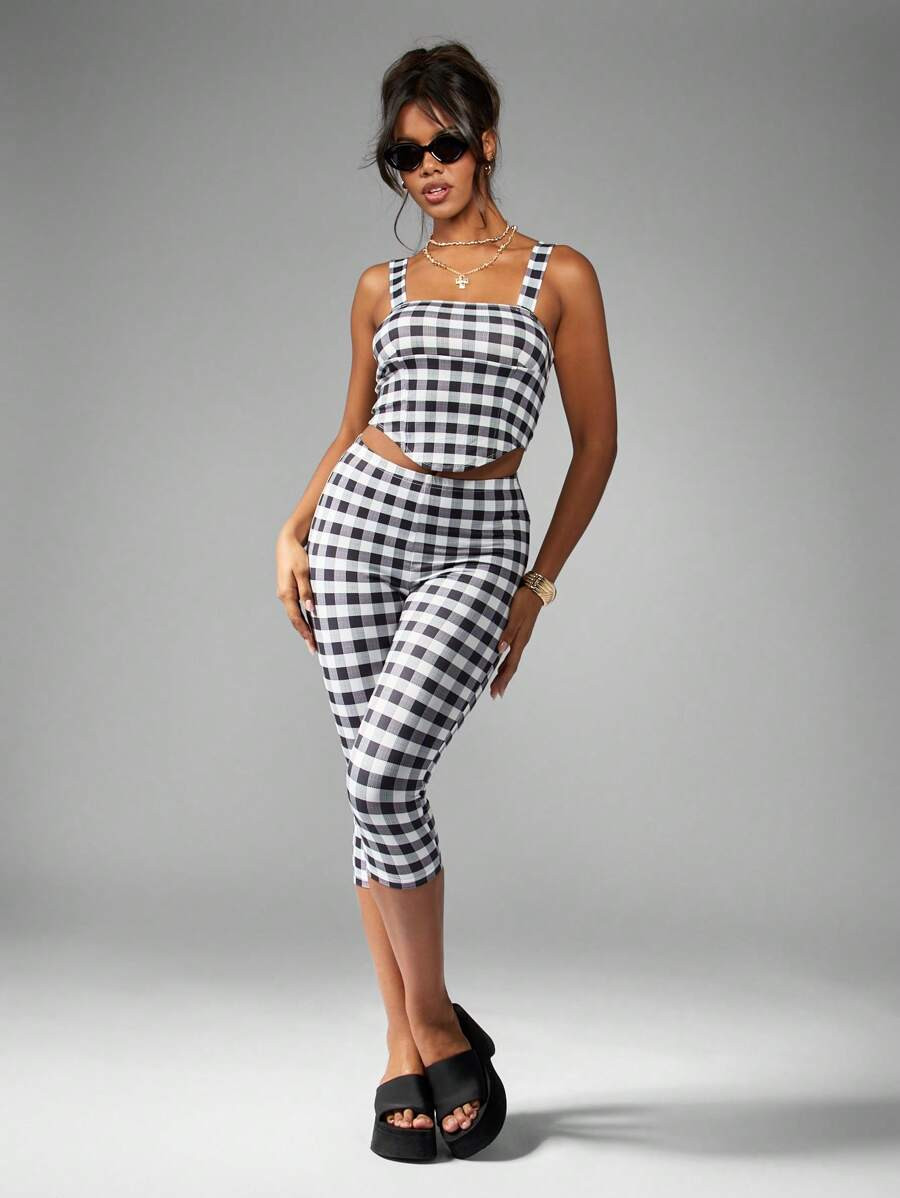 MISSGUIDED Conjunto a juego estilo Gingham de verano con top corto sin mangas y pantalón capri d... | SHEIN