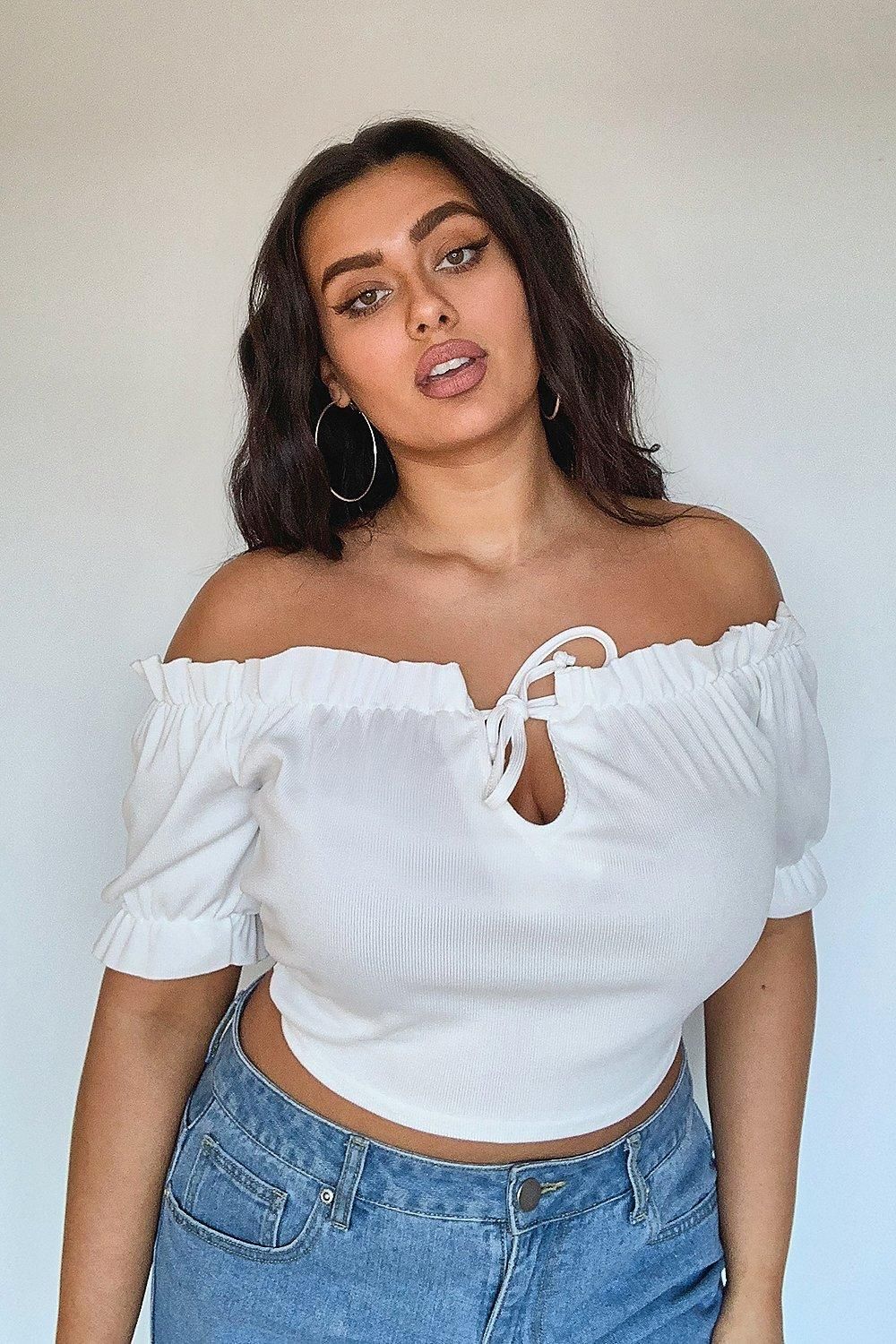 Womens Plus Rib Ruffle Off The Shoulder Crop Top - White - 20 | Boohoo.com (US & CA)