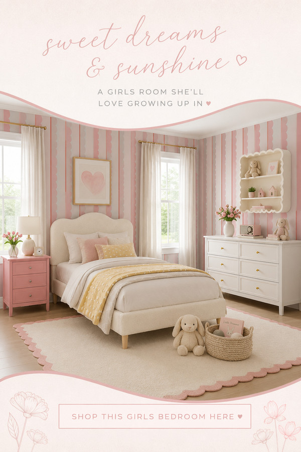 Create the sweetest girls bedroom with soft pink wallpaper, cozy textures, timeless furniture, and charming décor she'll