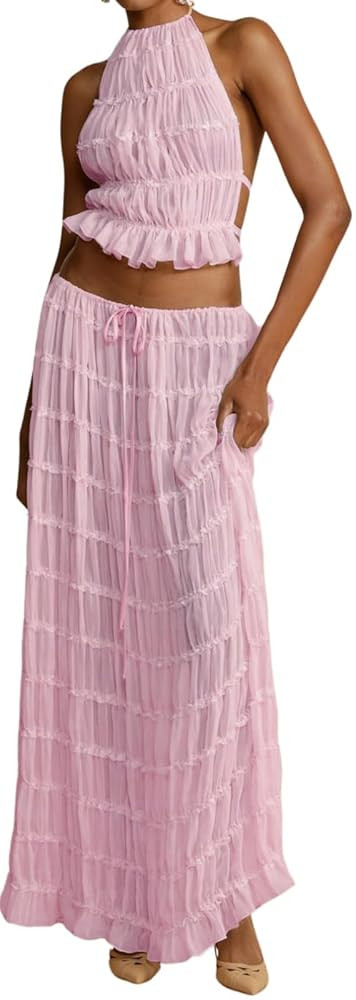 Womens Y2k Maxi Skirt Set Backless Lace Halter Crop Top and Long Skirt Sets Beach Cocktail Club D... | Amazon (US)