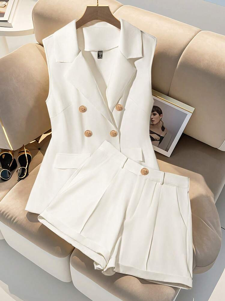 Franclia Plus Size Women Double Breasted Vest & Shorts 2 Pieces Set, Formal Commuting Style Women... | SHEIN