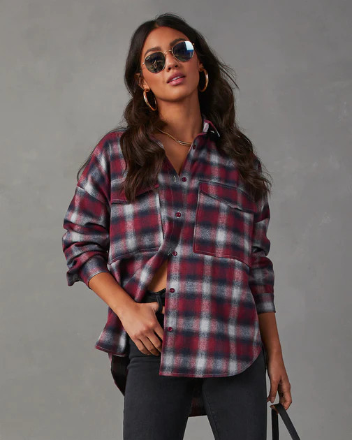 Petaluma Cotton Blend Plaid Button Down Top - Wine | VICI
