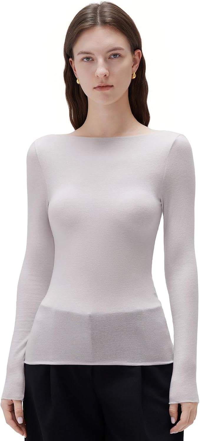 SUUKSESS Cloud Cashmere Women Boat Neck Fitted Long Sleeve Shirt Basic Knit Tops | Amazon (US)