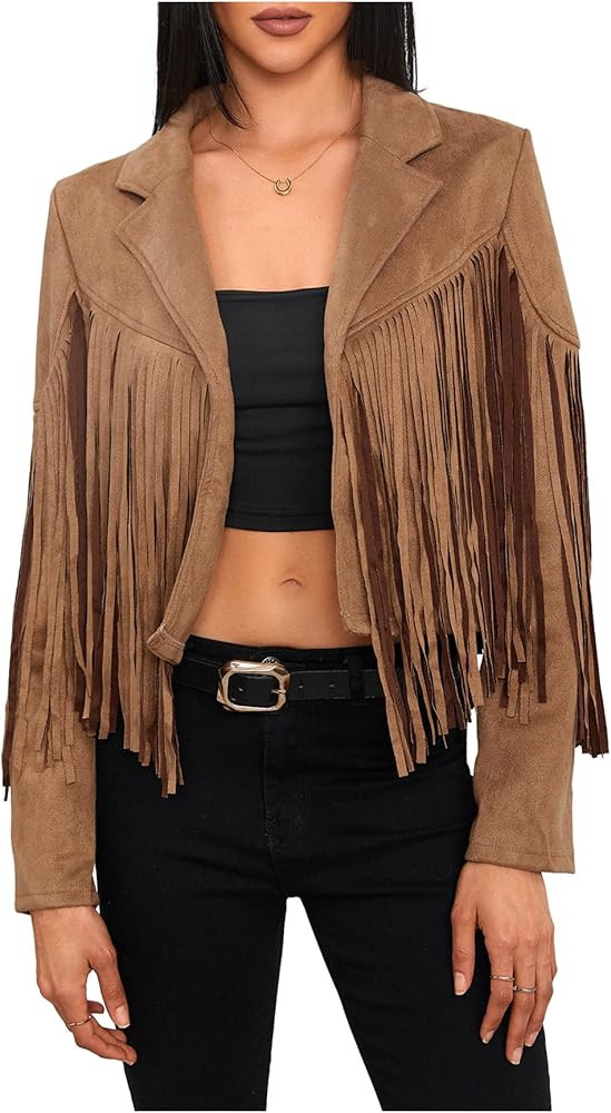 MakeMeChic Women's Faux Suede Tassel Jacket Button Down Fringe Jacket Outerwear | Amazon (US)