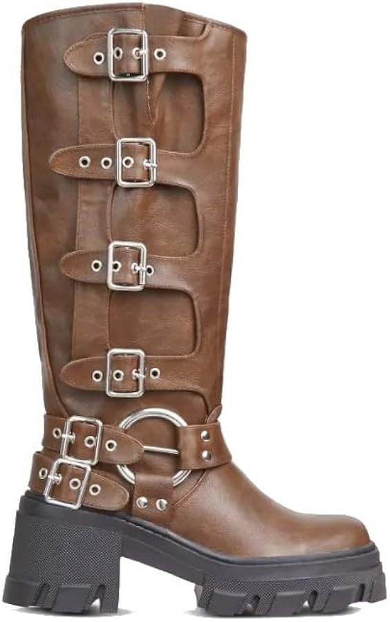 Lemonade Buckle Up Now Women's Side Buckle Detail Chunky Sole Mid Calf Biker Boot | Amazon (US)