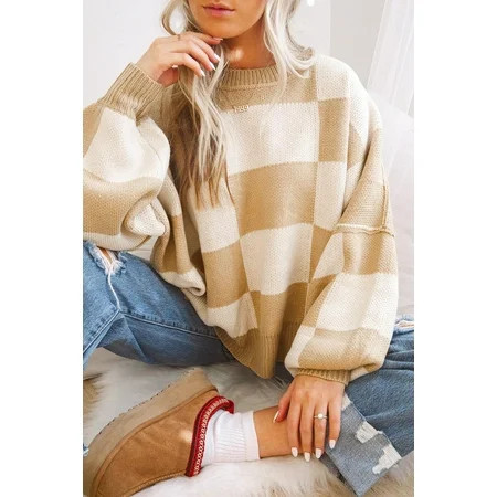 Plusashion Elevate Your Style with Our Charming Checkered Bishop Sleeve Sweater! | Walmart (US)