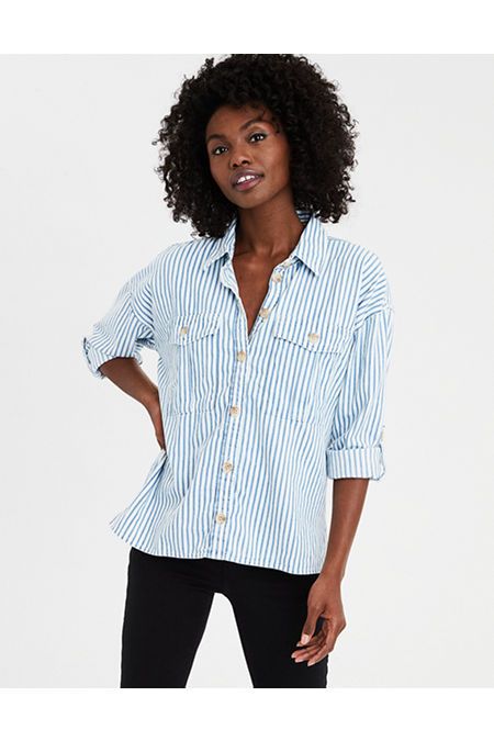 AE Long Sleeve Stripe Button Down Top | American Eagle Outfitters (US & CA)