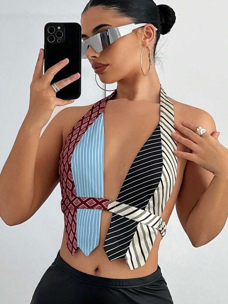 SHEIN ICON Printed Patchwork Halter Neck Crop Top With Backless Design | SHEIN
