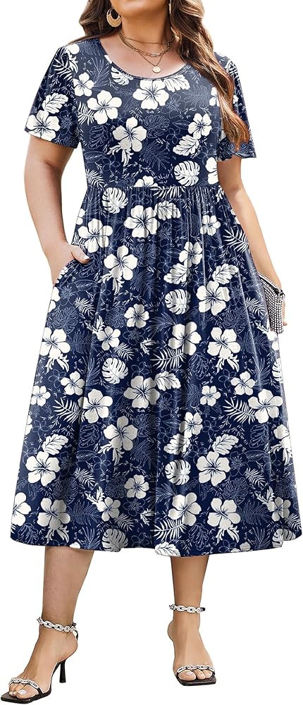 IN'VOLAND Women Plus Size Short Sleeve Dress Loose Summer Casual A-Line Flowy Midi Dresses with P... | Amazon (US)